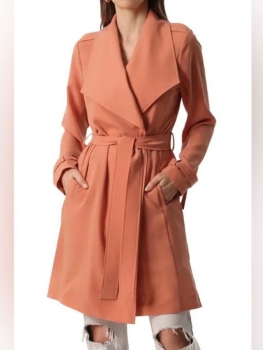NWOT Avec Les Filles Coral Peach Belted Lightweight Trench sL